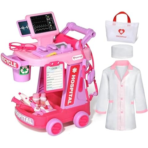 Phobby Doctor Kit for Toddlers Aged 3 4 5, Pretend Doctor Playset for Kids with Bag, Costume and Stethoscope, Doctor Cart Toy for Girls Boys Birthday (Pink) Cover