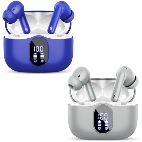 2 Sets Wireless Earbuds, Bluetooth 5.3 Headphones Bass Stereo, Ear Buds with Noise Cancelling Mic LED Display, IP7 Waterproof in Ear Earphones, 36H Playtime for Laptop Pad Phones, Blue+Grey Cover