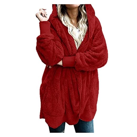 Teddy fleecejacka dam plyschjacka kvinnor med huva elegant enfärgad fritid luddig fleece jackor vinterjacka damer lång varm fodrad lätt huvjacka dam oversize lång kofta flickor, röd, 5XL