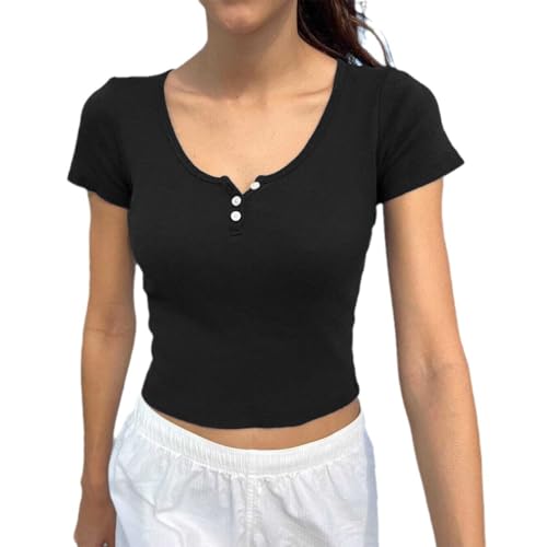 Penioca Round Neck Crop Top for Women Sexy Short Sleeve