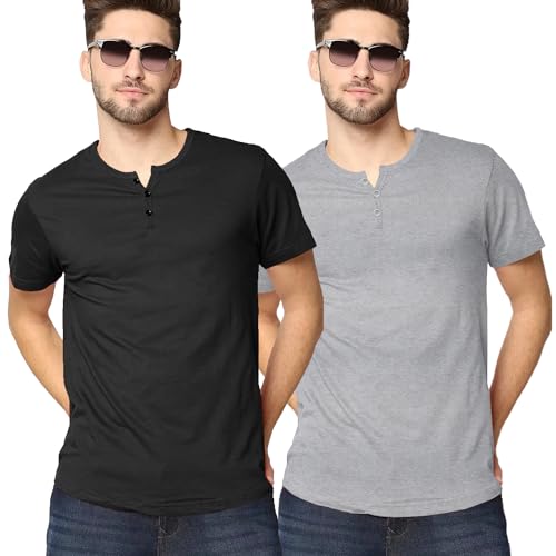 Image of LAZYCHUNKS Henley Neck Men's Cotton Half Plain Sleeves Slim Fit T-Shirt | Round Neck Men's Tshirt | Solid Colors | Summer Wear | - Multicolor