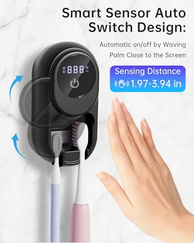 Image of Toothbrush Holder & Toothbrush Cleaner, UV Toothbrush Sanitizer and Holder 2 Slots, Cleaning and Fan & Heat Drying, LED Smart Screen, Wall Mounted Tooth Brush Holder for Bathrooms (Black)