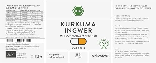 Kurkuma Ingwer Kapseln BioKontor mit Pfeffer 180 Stück