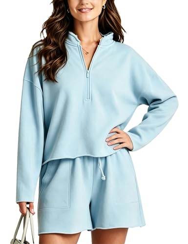 Image of Bozanly Two Piece Outfits for Women Trendy Long Sleeve Tops Shorts Set