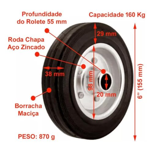 kit 4 Roda De Borracha Maciça 6 Polegada Rolamento Rolete pra carrinho carga 160kg