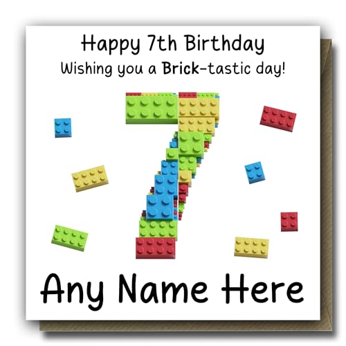 Personalised Bricks 7th Birthday Cards - Buidling Blocks 7 Greeting Card - Custom Card Any Name