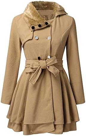 Aeefnuie Double Breasted Faux Fur Collar Jacket Lapel Pea Coat For Women Winter Warm Long Trench Coat With Belt Elegant Swing Outerwear Medium