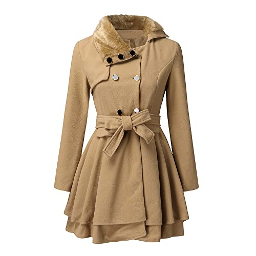 Aeefnuie Double Breasted Faux Fur Collar Jacket Lapel Pea Coat For Women Winter Warm Long Trench Coat With Belt Elegant Swing Outerwear Medium #TOP20