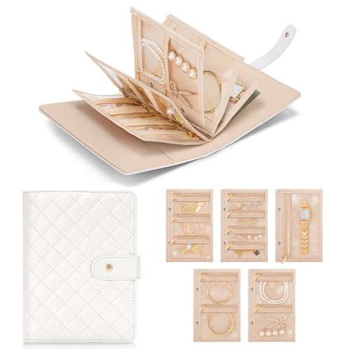 WOOMADA Travel Jewelry Organizer Case, Foldable Velvet Jewelry Storage Book with Clear Zipper Pouch and Built-in Mirror for Rings, Necklaces, Earrings, Bracelets（cream）