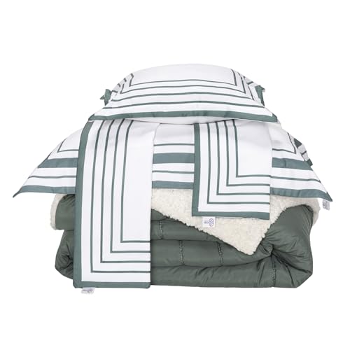 Kit Coberdrom Casal e Queen 5 Peças Dupla Face Sherpa e Hipercal 400 Fios (Verde)