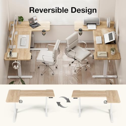 Image of Acrolix L Shaped Electric Standing Desk - 43x31.5 Inch Reversible Corner Sit Stand Desk with Hook&Cup Holder,Electric Height Adjustable Table,for Small Home Office&Bedroom Computer Desk, Oak