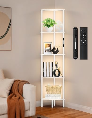 OUTONLIFE 5 Tier Corner Bookshelf with LED Light Touch & Remote Control Dimmable Narrow Display Shelf with 3 Color Temperature 1-Hour Timer Display Shelves for Living Room Bedroom