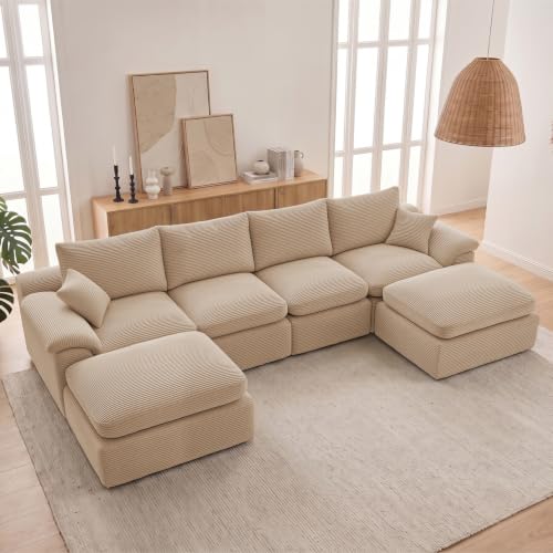 Image of 133 inch Cloud Sectional Couch, Boneless Couches for Living Room, Camel | U shaped, Modular Sectional Sofa with Deep Seat & Convertible Ottoman, Built for Family Life, Apartments & Living Rooms