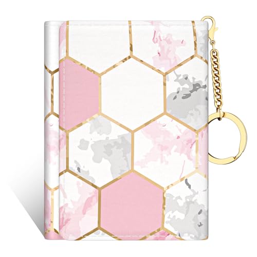 Image of Rouidr Womens Wallet, Small Slim RFID Card Wallets for Women, Cute Front Pocket Trifold Leather Card Organizer with 7 Slots & ID Window, Pink Hexagon