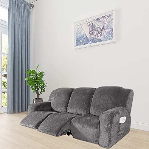 Velocvil 8 Pieces Recliner Sofa Covers For 3 Cushion Couch, Velvet Stretch Reclining Couch Cover For 3 Seat, Washable Furniture Protector Slipcover For Kids Dogs, Dark Grey #TOP7
