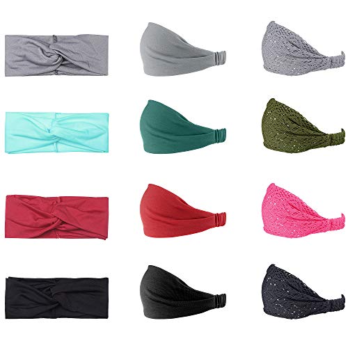 LOYALLOOK 12pcs Headbands for Women Sweat Wicking Wrap Headband Elastic Turban Wide Knot Bows Head Wraps Hair Bands Running Athletic Yoga Multi-Function Headband