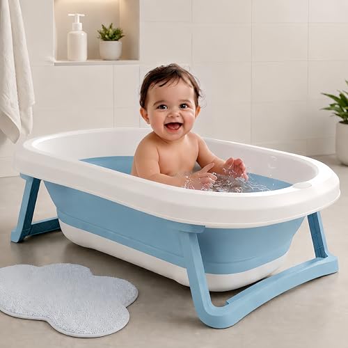 Image of Kiddough Baby Bathtub, Foldable, Non Slip, Durable, Easy to Store and Use with Cushion (Blue (Without Cushion))