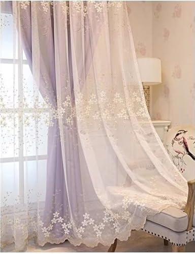 Rideau occultant chambre polyester coton violet à broderie fleurs 138H
