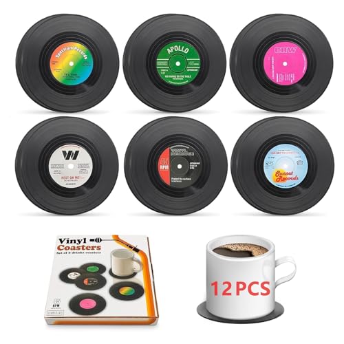 12 Retro Schallplatte Stil Untersetzer, Mit Basis Und Einzigartige Etiketten, Tasse Matte rutschfeste Isolierte Matte FüR Bars, CaféS, Haus, Party, BüRo