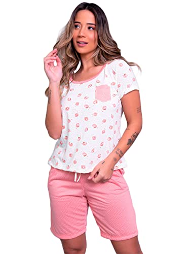 Pijama Feminino Estampado Adulto Short Manga Curta Verão Baby Doll Cor:Coral;Tamanho:G
