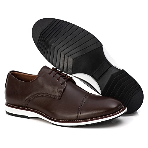 Sapato Oxford Casual Masculino Brogue Premium Couro Confort Andora Cor:Bege;Tamanho:40