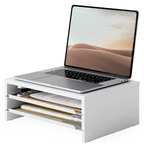 Fenge モニター台 卓上 パソコン台 ディスプレイスタンド36cm横幅 2段 木製天板 金属棚板 机上台 ディスプレイ台 pcモニターだい 机上ラック オーク (ホワイト)