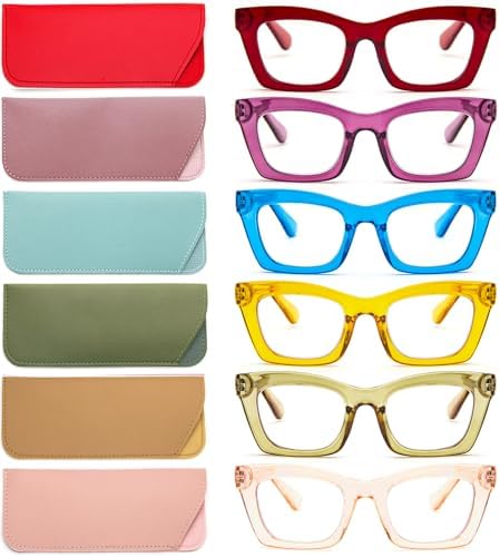 REAVEE 6 Pack Reading Glasses for Women Blue Light Blocking, Cute Square Computer Readers with Spring Hinge