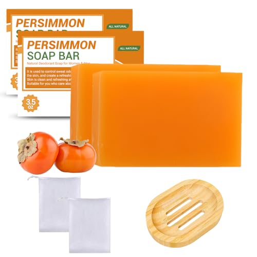 2 Pack Persimmon Soap Bars with Foaming Net & Soap Dish | Natural Hand & Body Wash for Men & Women | Deep Cleansing & Odor Eliminating Formula