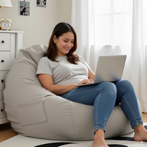 Image of 4XL Leatherette Bean Bag Chair with Footrest & Cushion with Beans Filled (Ready to Use) Color- (Light Grey, Bean Bag Only)
