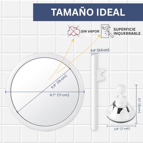 Miniatura 2 de Mirrorvana Espejo Pequeño Antivaho Para Ducha, Espejo De Pared Inastillable Con Ventosa Fuerte De 360 - 17 Cm De Diámetro Redondo