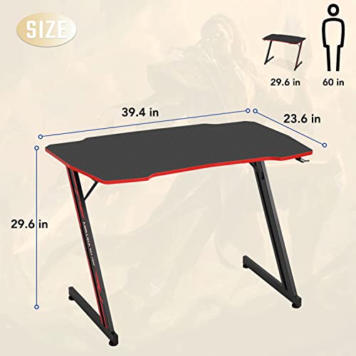 Bestoffice 39" Gmaing Desk Computer Gaming Desk Z Shaped Gaming Workstation Ergonomic Gaming Table With Headphone Hook For Game Players (Red) #TOP2