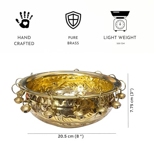 Image of Decorative Brass Urli Bowl with Bells | Traditional Indian Flower Bowl for Floating Diyas & Marigolds | Antique Gold Finish for Festive Decor (6 inch) (8 inch)