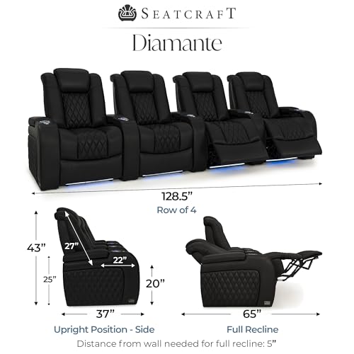 Image of Seatcraft Diamante Black Italian Leather Home Theater Seating, Zero Gravity Power Recliner Gaming and Home Office Chair, Powered Headrest Lounge Sofa Furniture for Cinema Room, Row of 4
