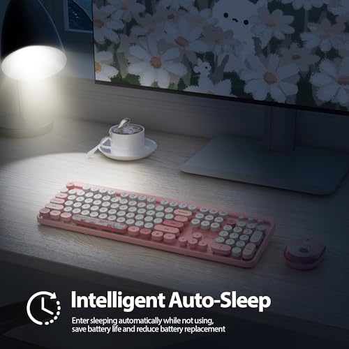 Image of Fogruaden Wireless Keyboard and Mouse Combo, Pink Retro Typewriter Keyboard, 2.4GHz Full Size Round Keycap Cute Computer Keyboard with Number Pad, Pink Colorful Keyboard for Windows PC Laptop(Pink)