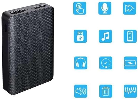 MBG line Q85 Voice Recorder with various function icons, including play, microphone, skip, USB, music, OTG, headphones, time, battery, mute, delete, and equalizer.