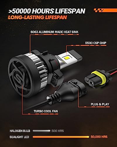 Image of SEALIGHT 5202 LED Fog Light Bulbs Or DRL, 5201 PS19W PS24W Fog Lights LED Light for Car, 20000RPM Turbo Fan Strong Penetration,600% Brightness Upgrade Fog Bulbs, Pack of 2