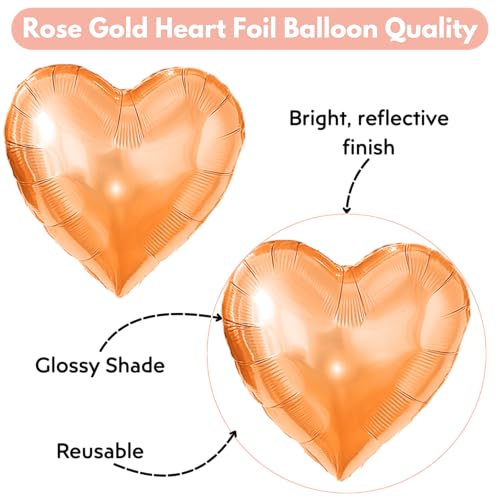 Image of Pack of 5 Heart Balloons for Happy Birthday Decoration Rose Gold Kit Baby Boys Girls Kids Men Women Car Boot Living Room Heart Shaped Foil Balloon Set Items