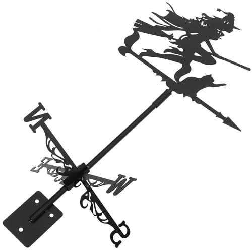 jojofuny Wetterfahne „Hexe“ aus Edelstahl mit Katzenmotiv Europäischer Stil Dach und Gartendekoration für Halloween und Außeneinsatz