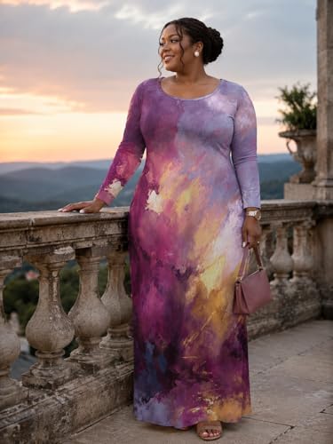 Image of PinkPatty Plus Size Maxi Dress for Curvy Women Crew Neck Long Sleeves Casual Dress Vacation Sundresses with Pockets