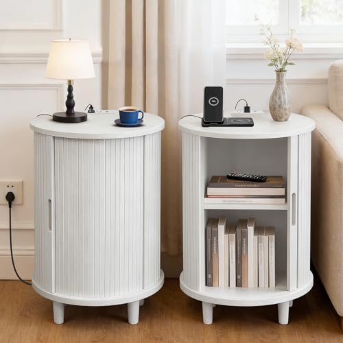 Image of DHH End Table Set of 2 with Storage & Charging Station, Fluted Accent Side Table with Sliding Door & Adjustable Shelf, Mid-Century Nightstand for Small Spaces, Living Room, Bedroom(2, White)