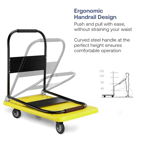 Image of BonKaso 150Kg Heavy-Duty Platform Trolley | Foldable Metal Hand Truck with 4 360 Rotating TPR Wheels & Cushioned Grip Handle | Industrial, Warehouse, Office & Home Use (68.5x47x77.5cm) Yellow