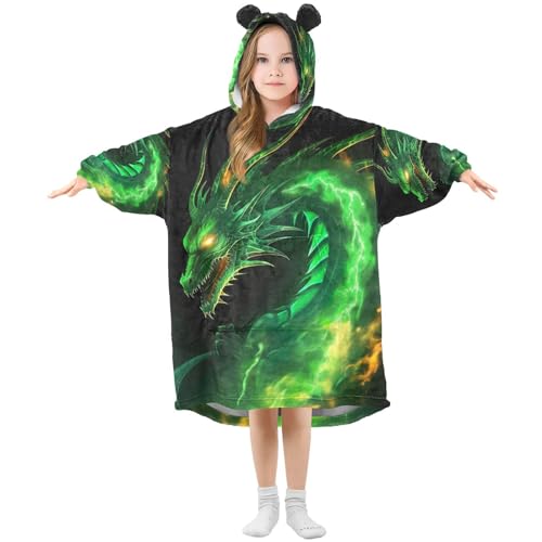 WELLDAY Dragon Wearable Blanket Hoodie for Kids, 3-14 YR Girl Boy Sherpa Blanket Sweatshirt With Pocket