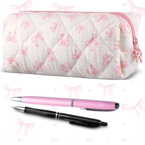 Sherr Coquette Bow Pencil Case Pink Bow Cute Pencil Pouch Soft Cotton Storage Bag Aesthetic Pattern Gift Makeup Pouch Cosmetic Bag for Women