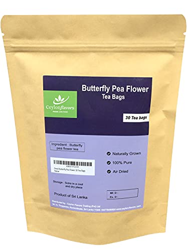 Ceylon Butterfly Pea Flower Tea Bags Pack of 30, Powerful Antioxidants Rich Healthy Herbal Butterfly Pea Tea for Drinks, Food Coloring, Organic Dried Butterfly Pea Flowers Sourced from Sri Lanka