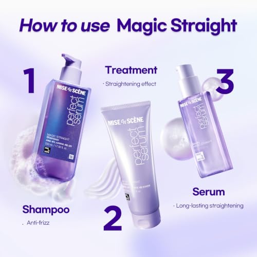 Image of Mise En Scene Magic Straight Perfect Serum - Anti Frizz Hair Straightening Serum with heat protectant for straightener, hair tamer oil, Coconut Oil for Smooth, Silky, and Shiny Hair, 2.71 Fl Oz