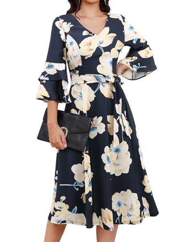 Image of DRESSTELLS Women's Cocktail Dress Summer Wedding Guest Party Vintage 3 /4 Bell Sleeve V Neck A-Line Dress