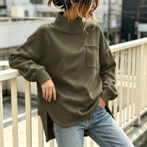 Women’s Mock Neck Sweatshirts Oversized Chest Pocket Pullover Tops | Sweatshirts For Women,Loose Fit Cut,Side Slit Hem,Drop Shoulder Sleeve,Long Sleeve Design,Fall Casual Wear,Soft Fleece Lined - image 5