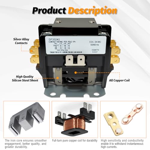 Contactor HVAC Doble DP30242 de 2 polos, 30 amperios, 24 voltios para bomba de calor y aire acondicionado miniatura 3