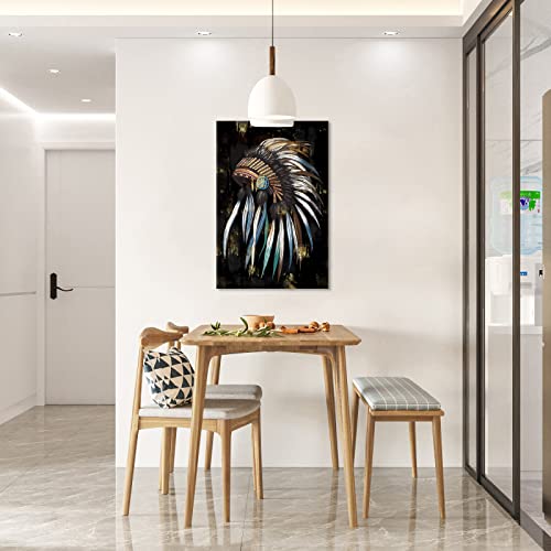 Fushvre Indian Canvas Artwork Tribal Chief Feather Headdress Wall Art Native American Canvas Painting For Living Room Bedroom Decor Large Framed Picture Gallery Wrapped 24"X36" #TOP1