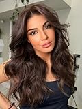 Nnzes Wigs with Curtain Bangs for Women Long Wavy Women's Charming Synthetic Lace Front Wigs with Bangs Natural Wavy Chocolate Brown Wig Heat Resistant Hair for Daily Party Use
